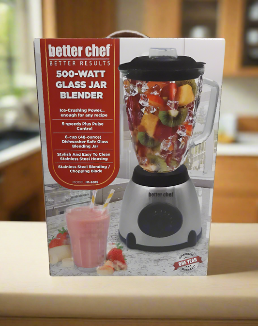 Better Chef Blender with Glass Jar, 5 Speed and Pulse Control, 500 Watt, 48oz. ( 6 Cup ) Capacity, Easy to Clean