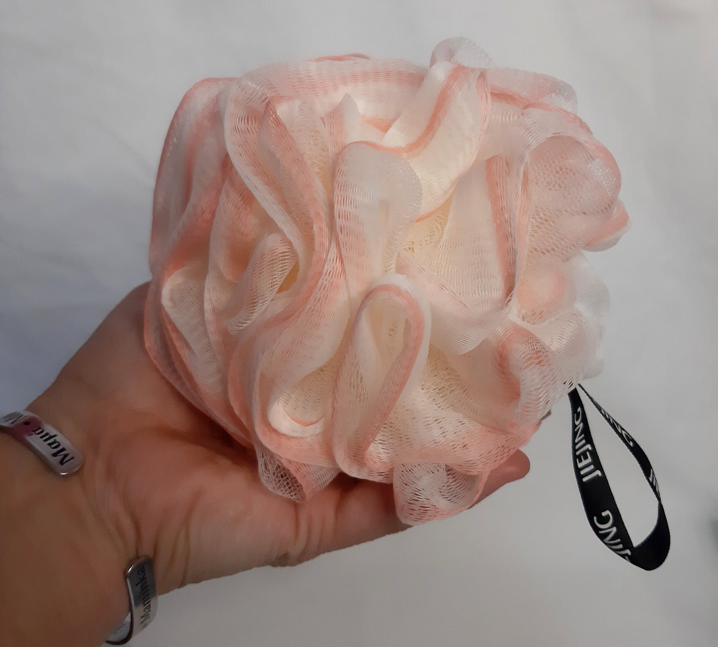 Luxurious Bath Sponge Pouf in Light Pink, Body Scrubber, Bathing Accessories, Nylon Pouf