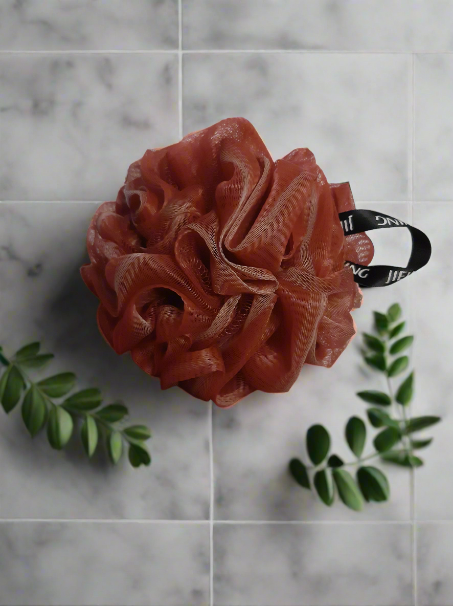 Luxurious Bath Sponge Pouf in Wine, Body Scrubber, Bathing Accessories, Nylon Pouf