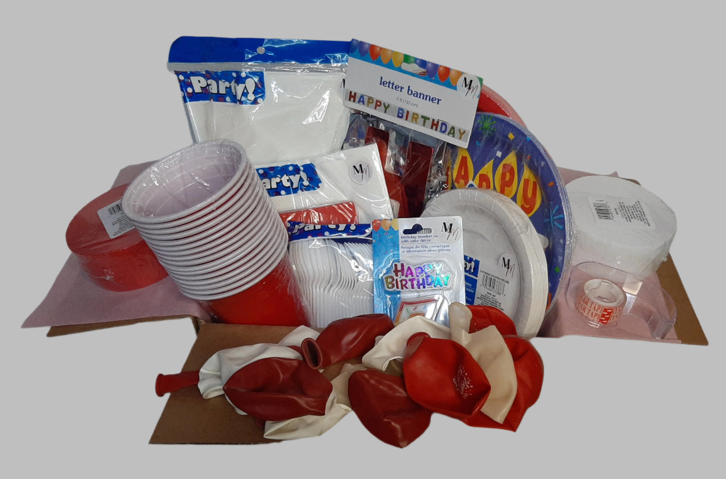 Red & White Birthday Party Set for 16 – Disposable Plates, Napkins, Cups & Decorations