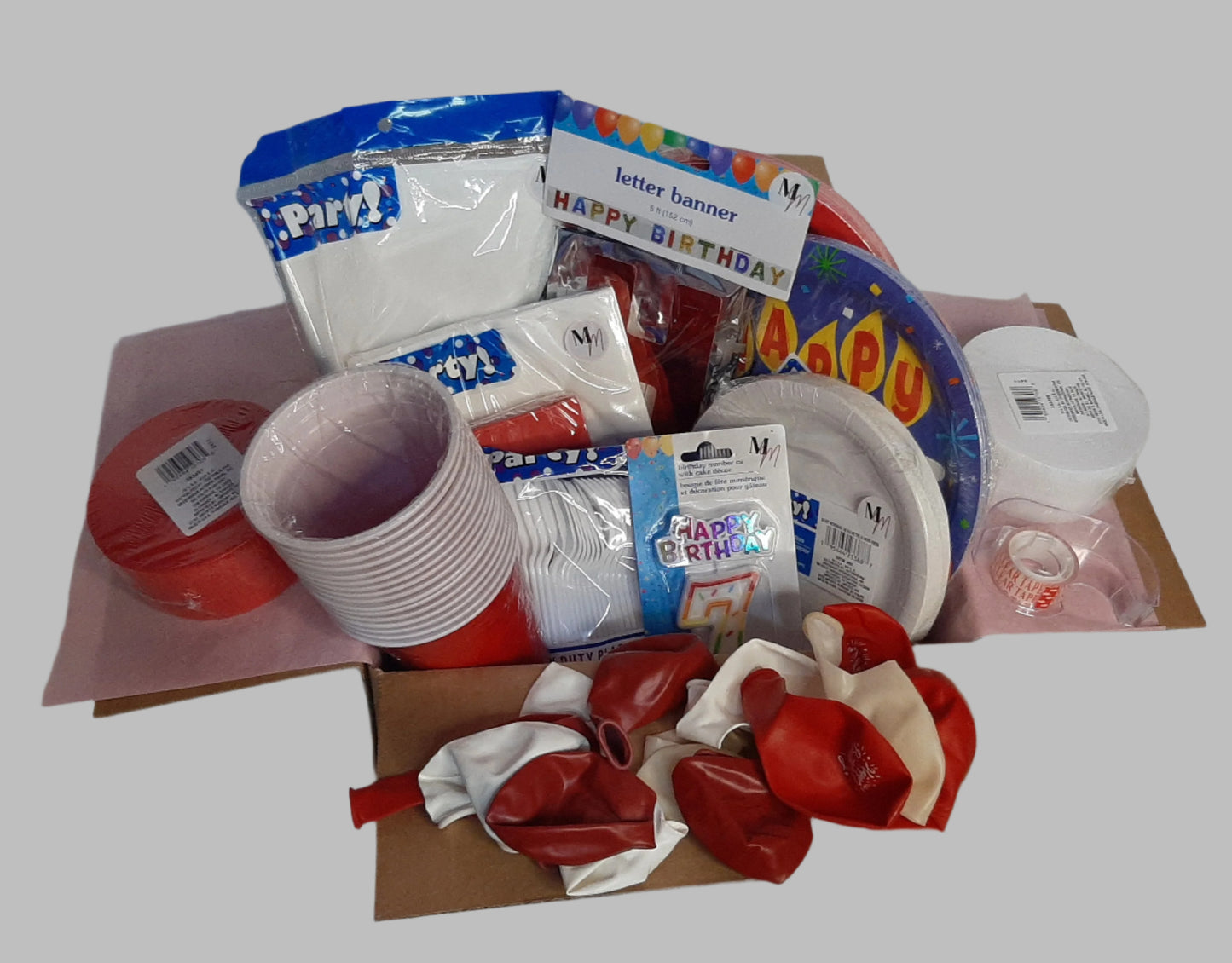 Red & White Birthday Party Set for 16 – Disposable Plates, Napkins, Cups & Decorations