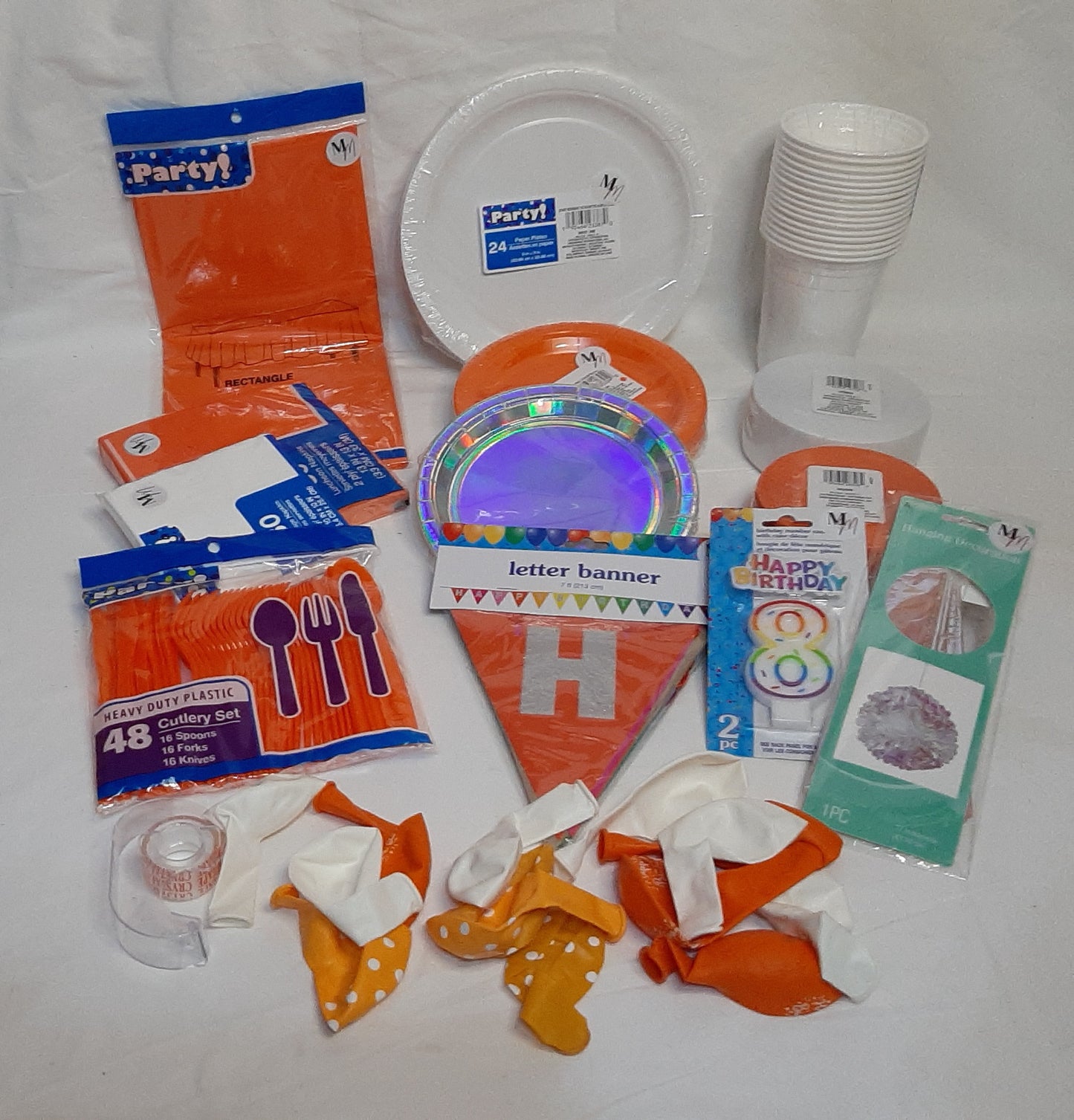 Orange & White Birthday Party Set for 16 – Disposable Plates, Napkins, Cups & Decorations