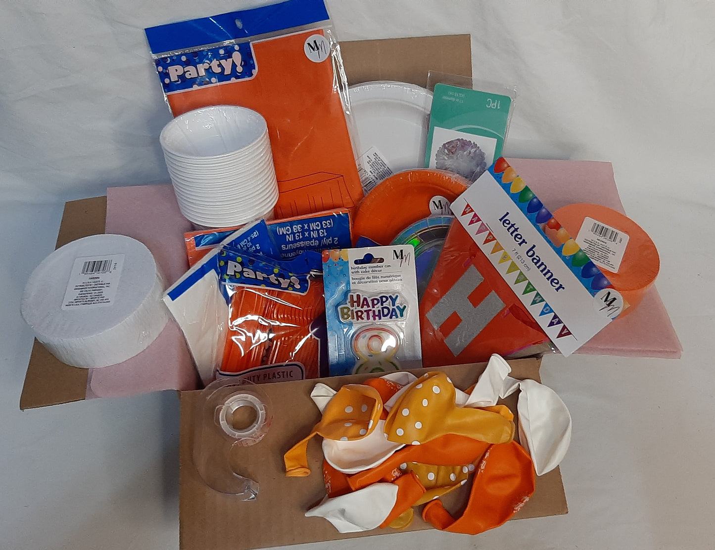 Orange & White Birthday Party Set for 16 – Disposable Plates, Napkins, Cups & Decorations