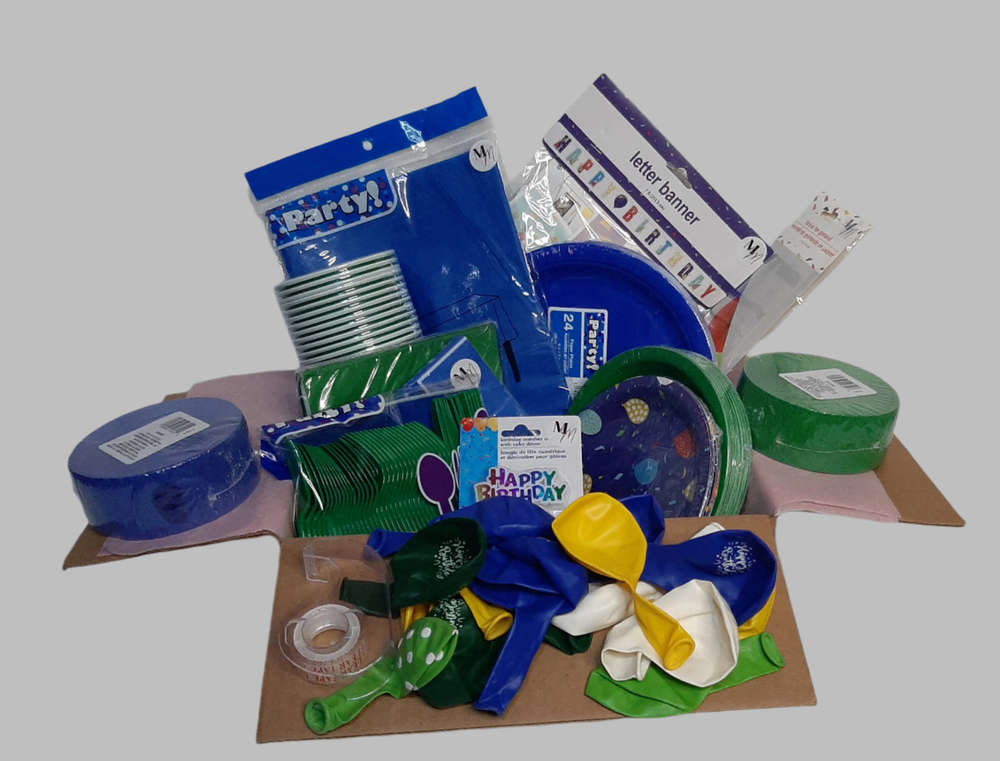 Blue & Green Balloon Party Set for 16 – Disposable Plates, Napkins, Cups & Decorations