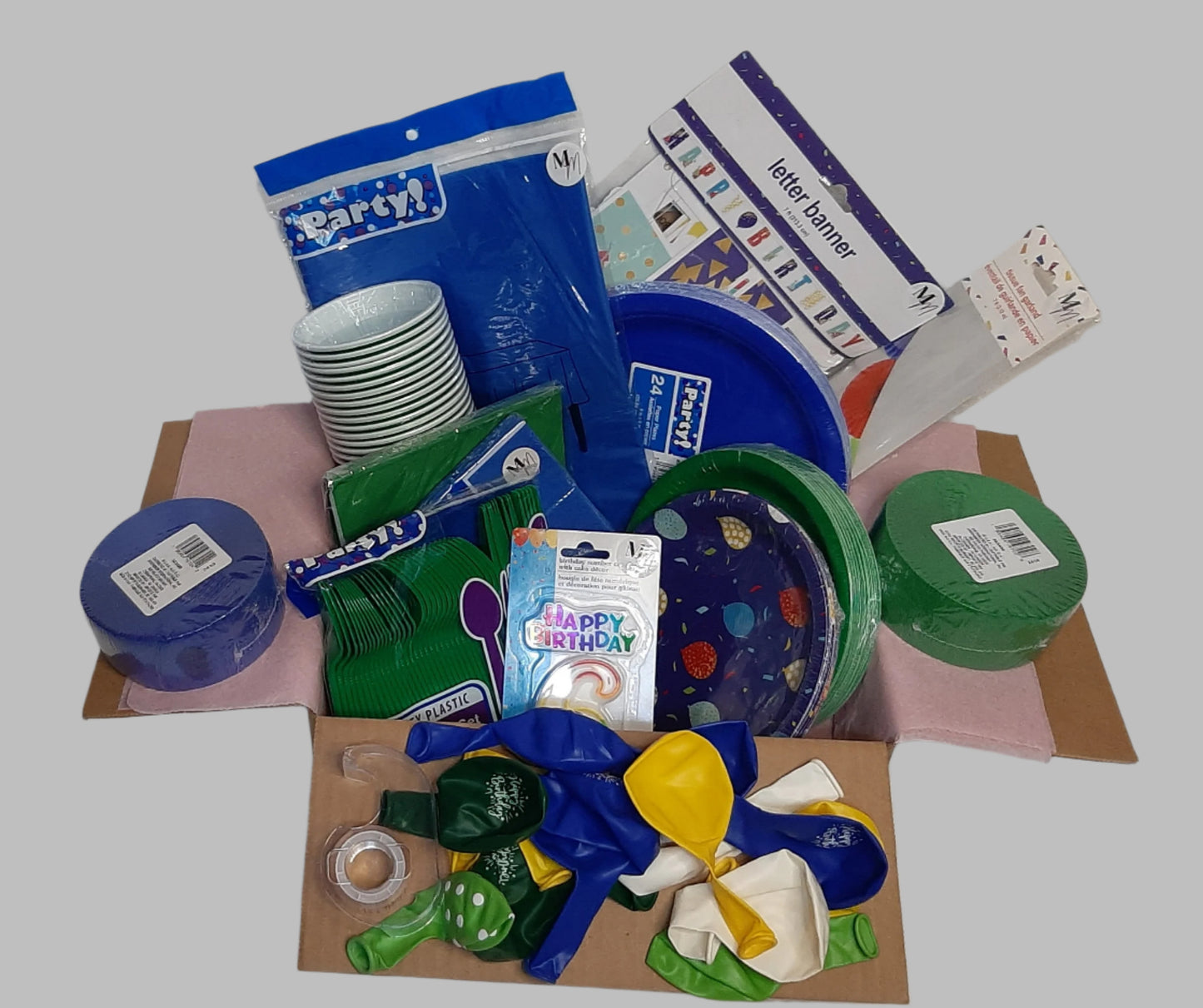 Blue & Green Balloon Party Set for 16 – Disposable Plates, Napkins, Cups & Decorations