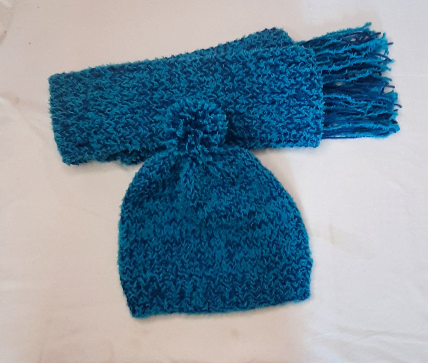 Blue Handmade Knit Scarf and Hat set, Blue Unisex Scarf and Hat Set, Fluffy Scarf and Hat