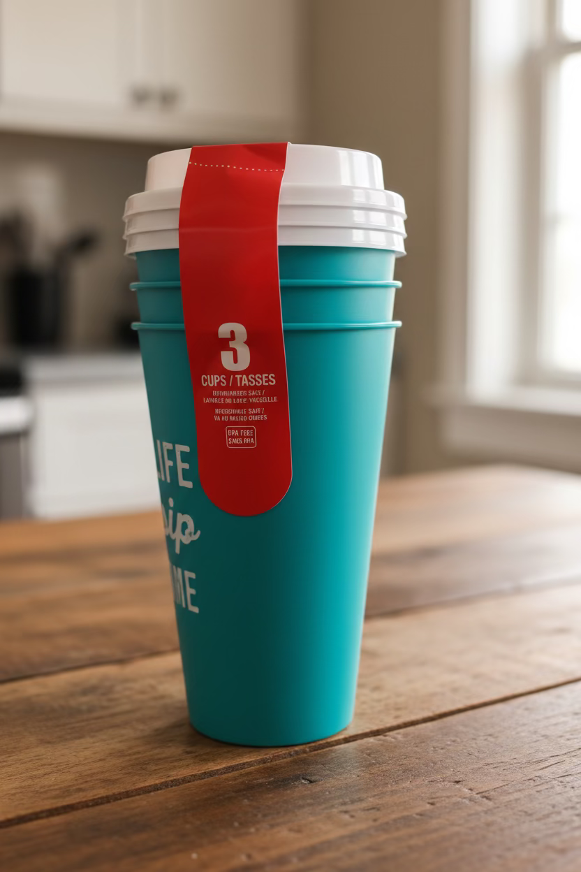 A teal 3-cup travel tumbler set with a white lid and a red sticker tag, featuring white text that reads take life one sip at a time