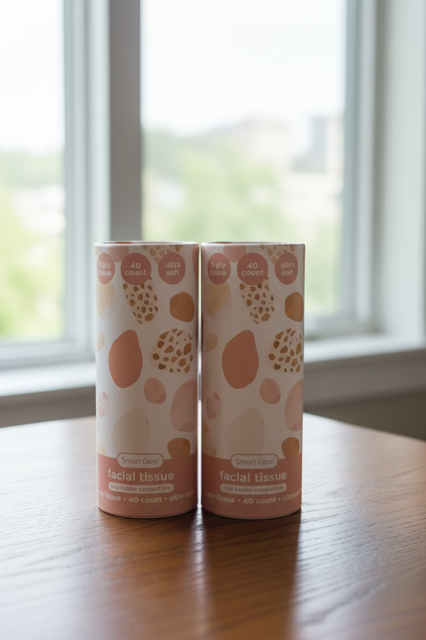 Two rolls of facial tissue paper in pink and beige patterned packaging, standing upright on a wood table near a sunny window background.