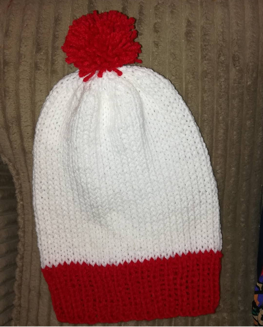 Red and White Holiday, Christmas Knit Hat, Slouchy, Striped with Pom Pom