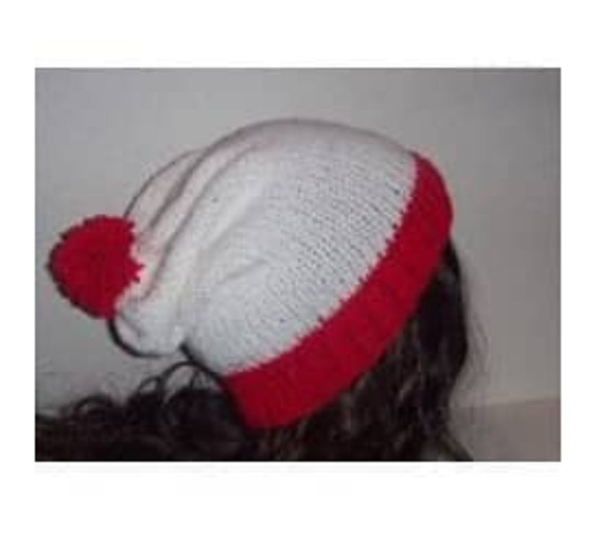 Red and White Holiday Hat, Christmas Knit Hat, Slouchy, Striped Hat with Pom Pom