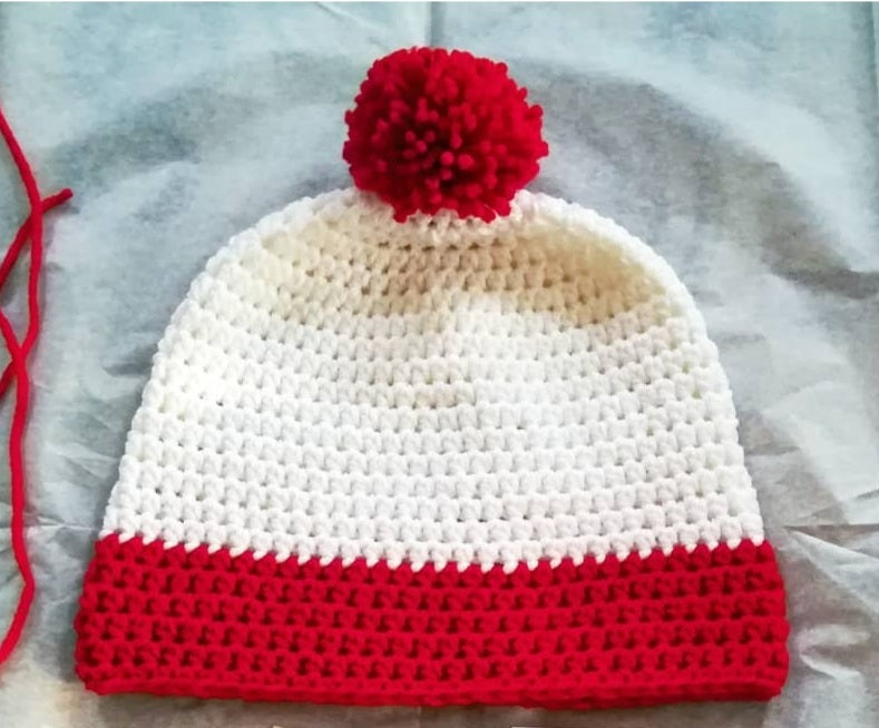 Red and White Holiday, Christmas, Costume Beanie Hat, Striped with Pom Pom