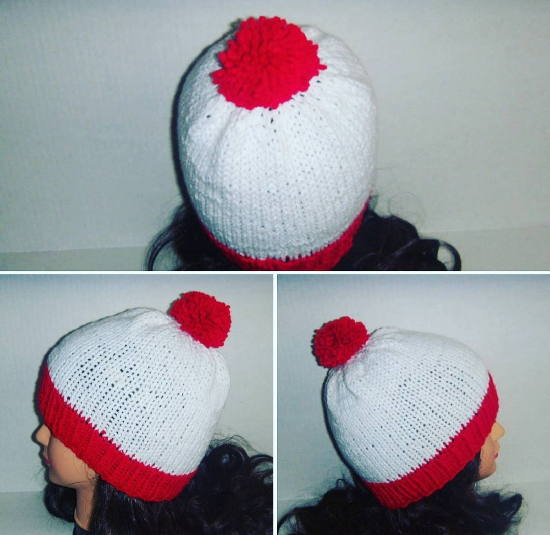 Red and White Holiday, Christmas, Costume Beanie Hat, Striped with Pom Pom