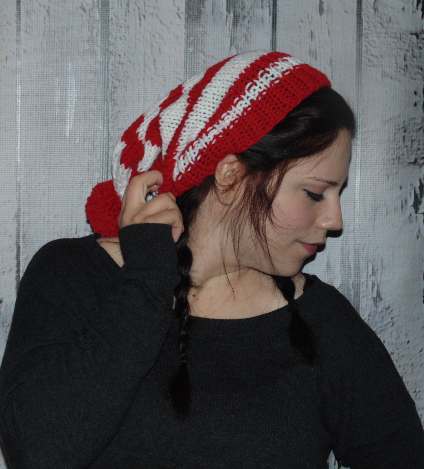 Red and White Holiday Christmas Costume Hat, Slouchy, Striped with Pom Pom