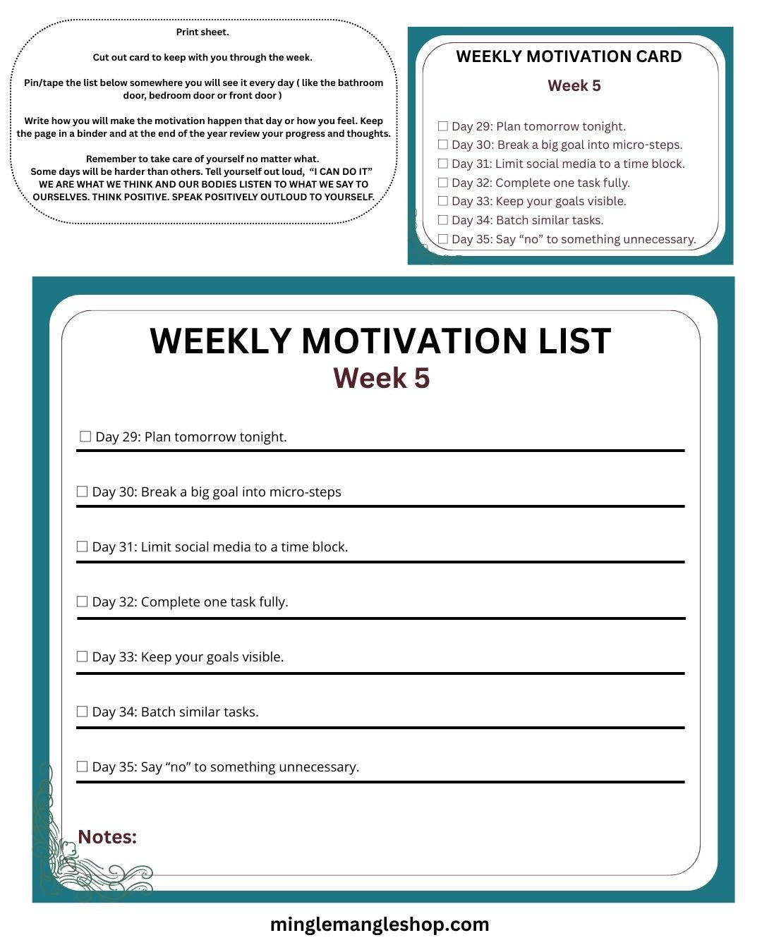 Motivational Year 2026 Week 5 Print Out Cards