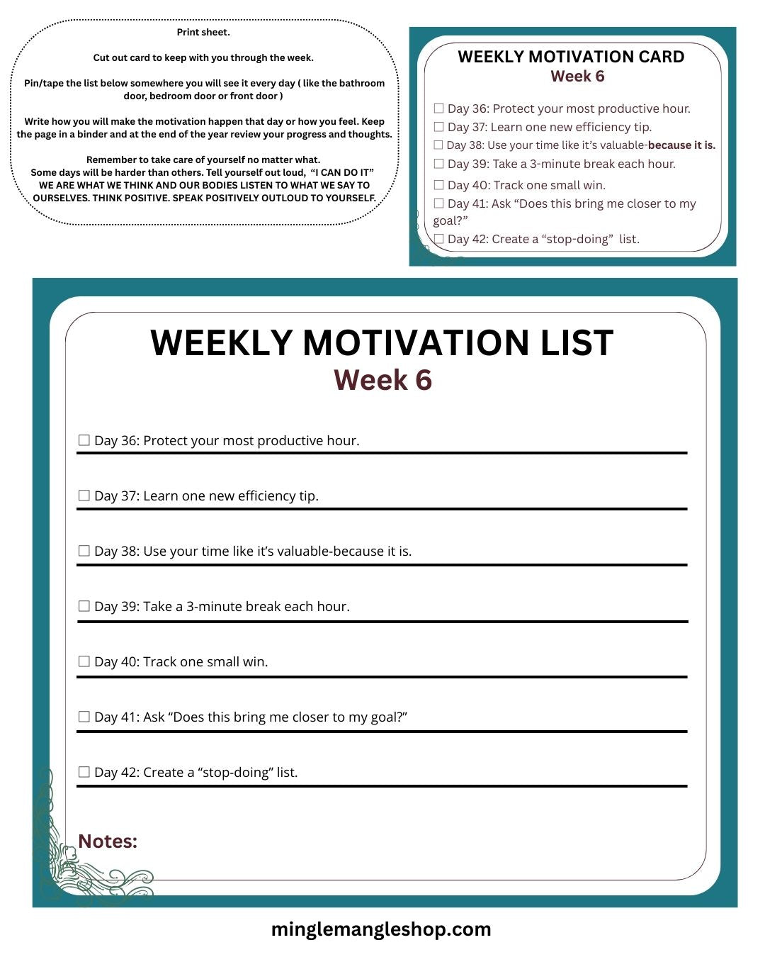Motivational Year 2026 Week 6 Print Out Cards