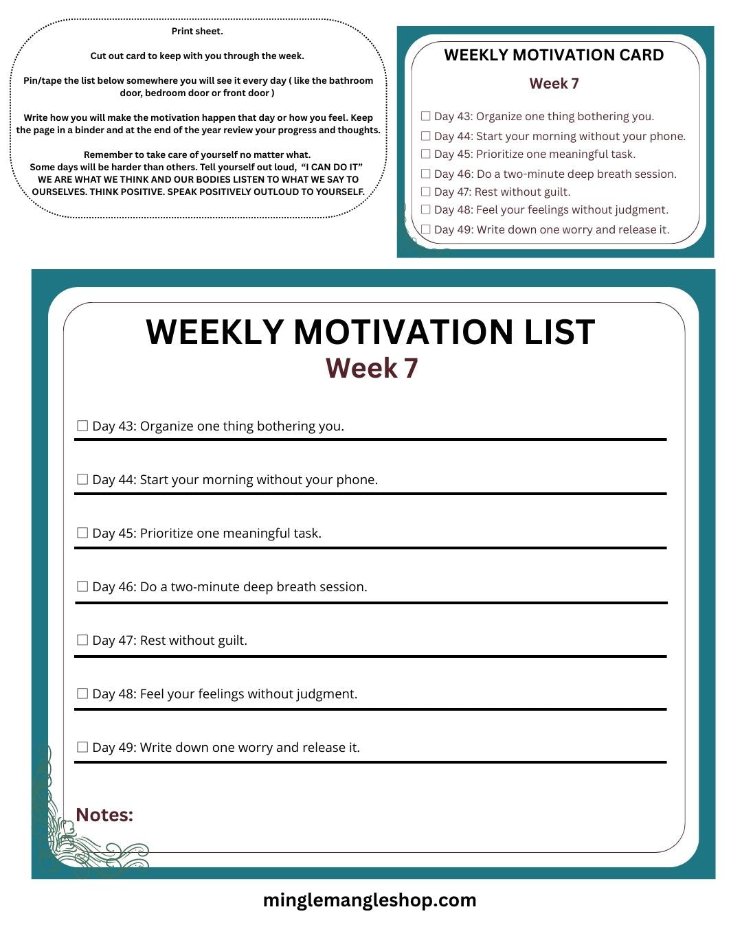 Motivational Year 2026 Week 7 Print Out Cards