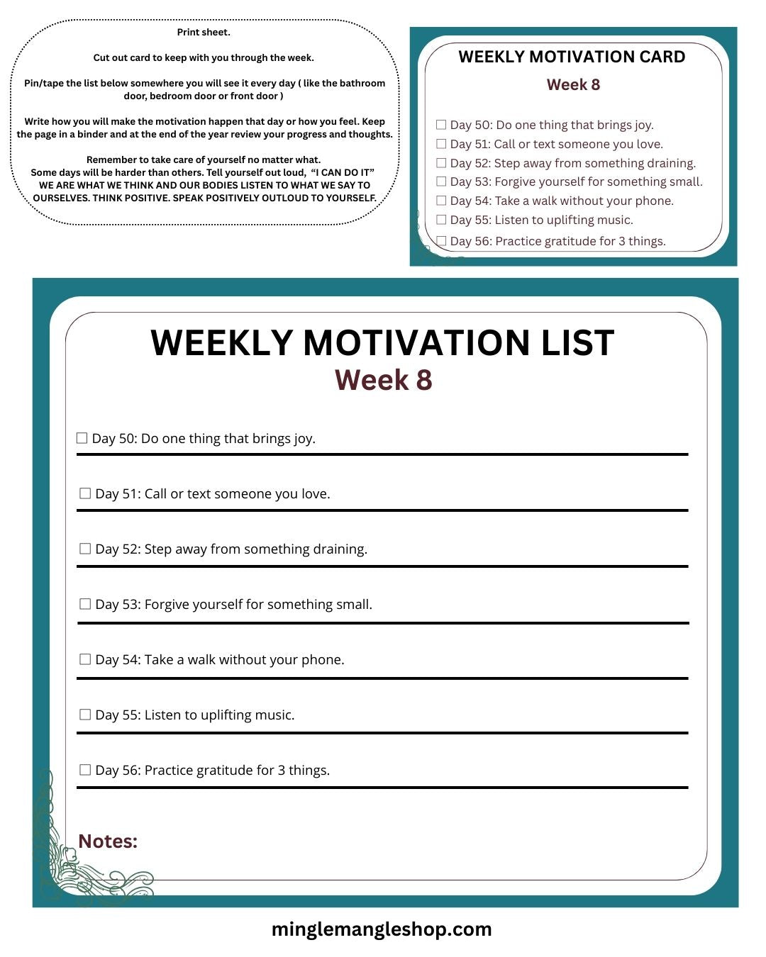Motivational Year 2026 Week 8 Print Out Cards