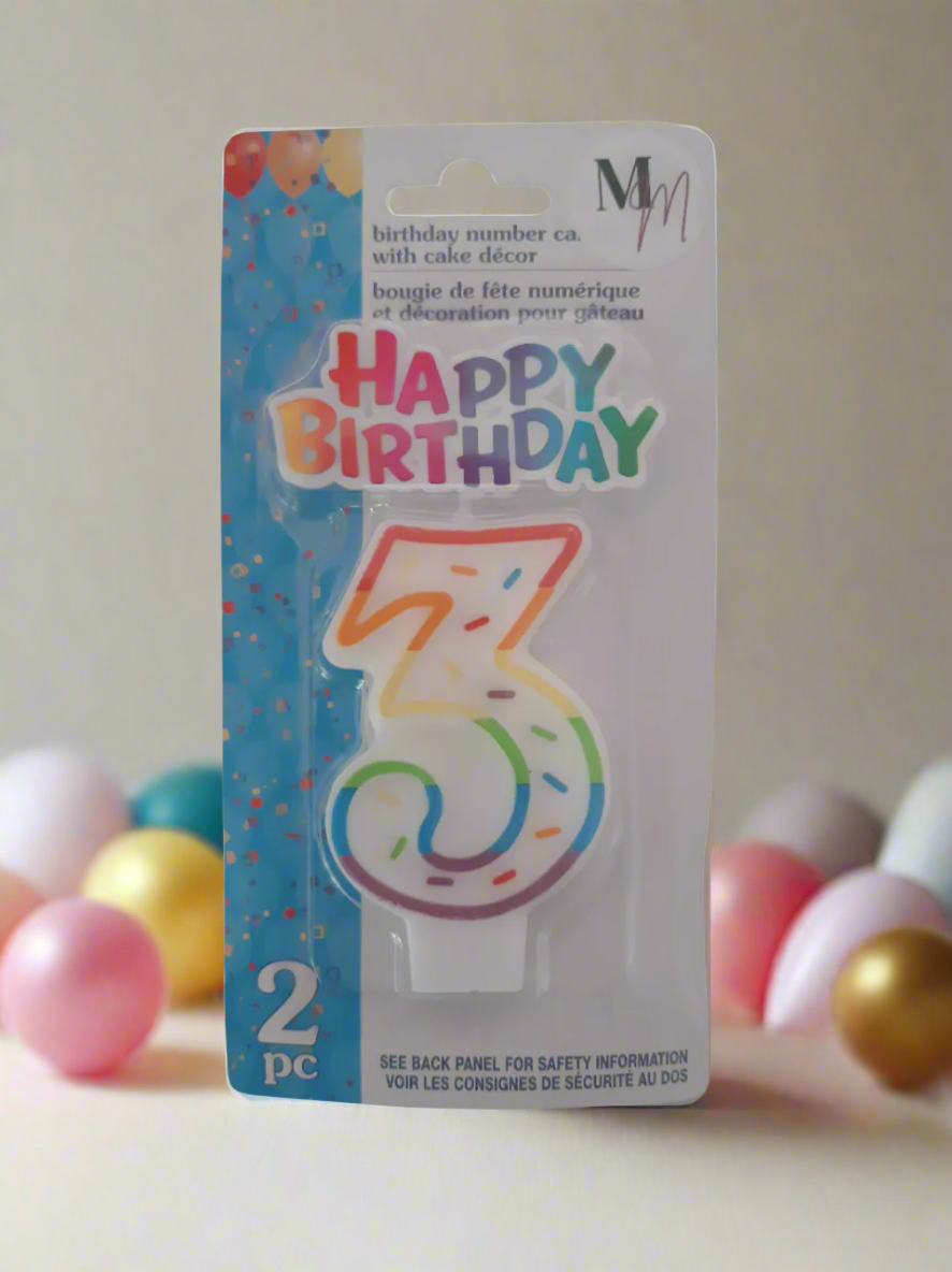 Number 3 (Three) Birthday Candle,  Single Number Candle 2.5 inches x 2 inches Birthday Cake Candle