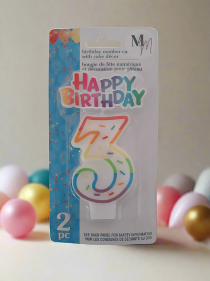 Number 3 (Three) Birthday Candle,  Single Number Candle 2.5 inches x 2 inches Birthday Cake Candle