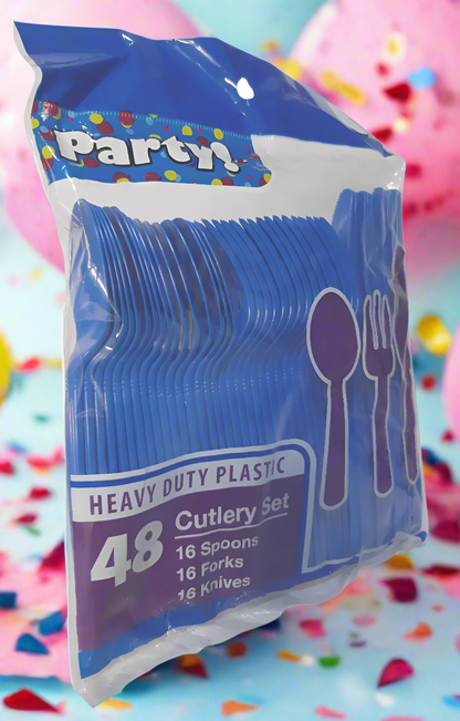 Blue Disposable Plastic Forks Spoons and Knives, 48 Pcs Heavy Duty Plastic Disposable Cutlery, Disposable Flatware