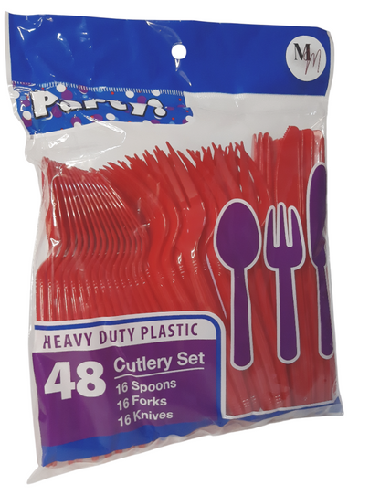 Red Disposable Plastic Forks Spoons and Knives, 48 Pcs Heavy Duty Plastic Disposable Cutlery, Disposable Flatware