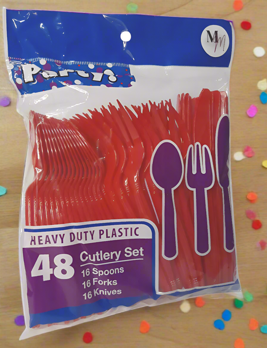 Red Disposable Plastic Forks Spoons and Knives, 48 Pcs Heavy Duty Plastic Disposable Cutlery, Disposable Flatware