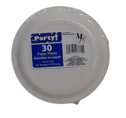 White Party Paper Plates, 7 Inch Round, Pack of 30 Disposable Party Plates, Cake Plates, Birthday Party Supplies