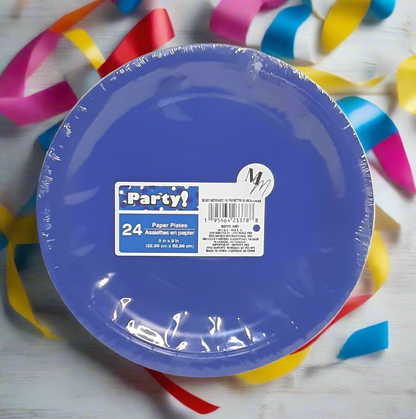 Blue Party Paper Plates, 9 Inch Round, Pack of 24 Disposable Party Plates, Cake Plates, Birthday Party Supplies