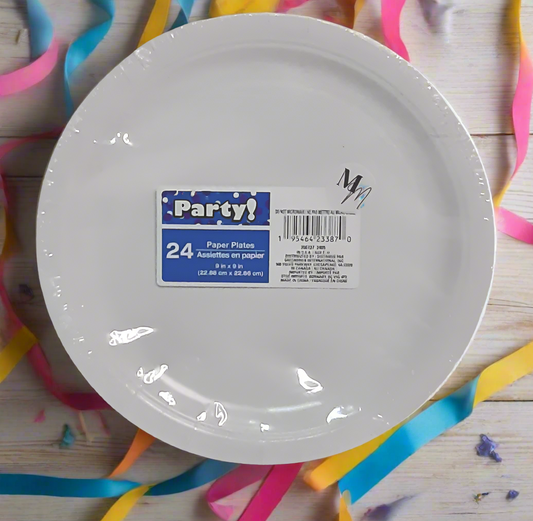 White Party Paper Plates, 9 Inch Round, Pack of 24 Disposable Party Plates, Cake Plates, Birthday Party Supplies