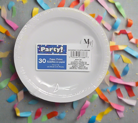 White Party Paper Plates, 7 Inch Round, Pack of 30 Disposable Party Plates, Cake Plates, Birthday Party Supplies