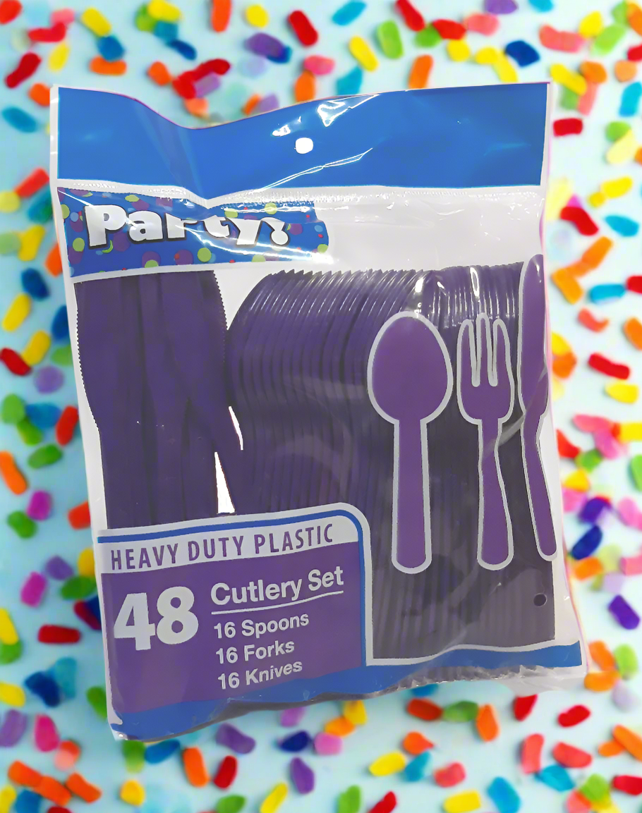 Purple Disposable Plastic Forks Spoons and Knives, 48 Pcs Heavy Duty Plastic Disposable Cutlery, Disposable Flatware