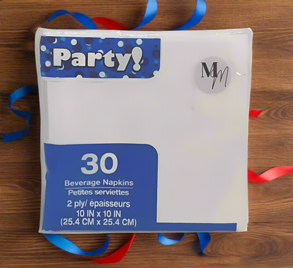 White Party Napkins, Small Napkins, Birthday Napkins, 10 Inches x 10 inches Square