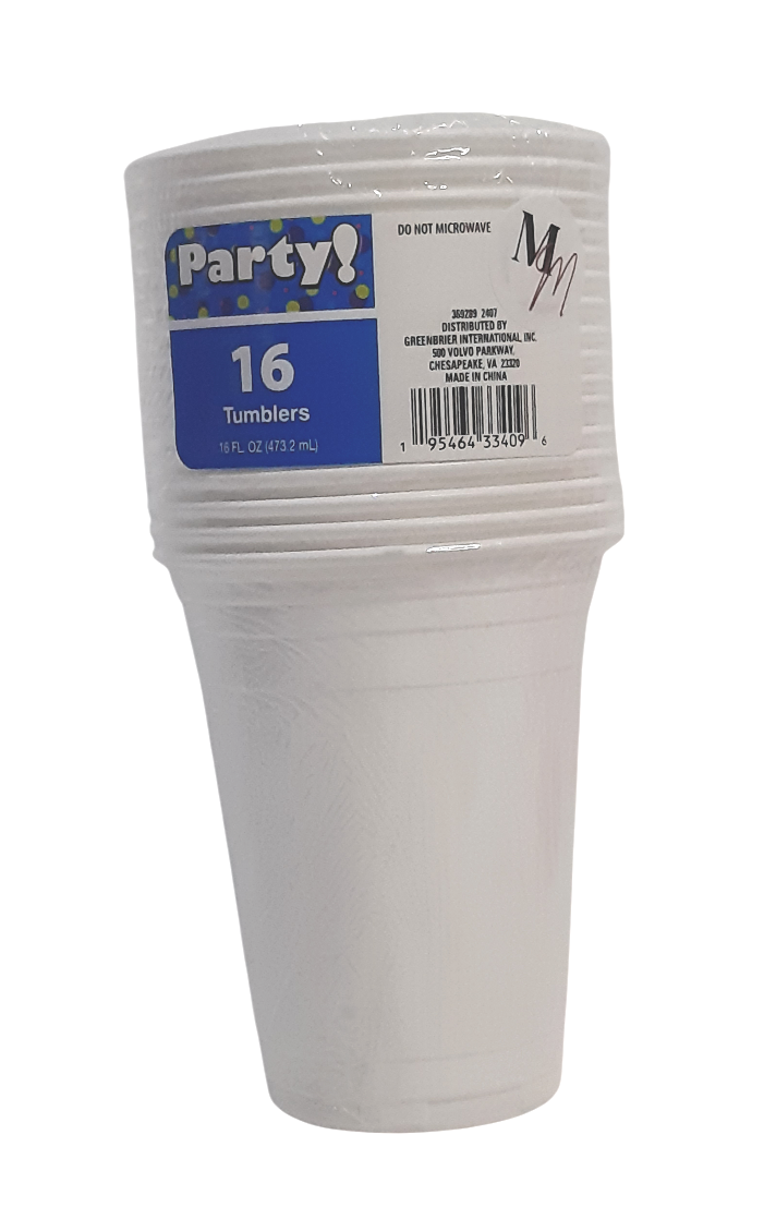 White Party Cups, 16 oz. Cups, 16 Piece Plastic Party Cups, Disposable Drinking Cups for Party