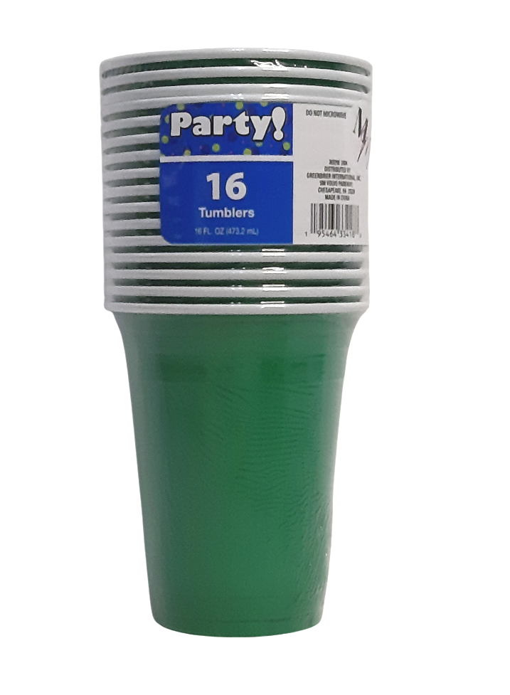 Green Party Cups, 16 oz. Cups, 16 Piece Plastic Party Cups, Disposable Drinking Cups for Party