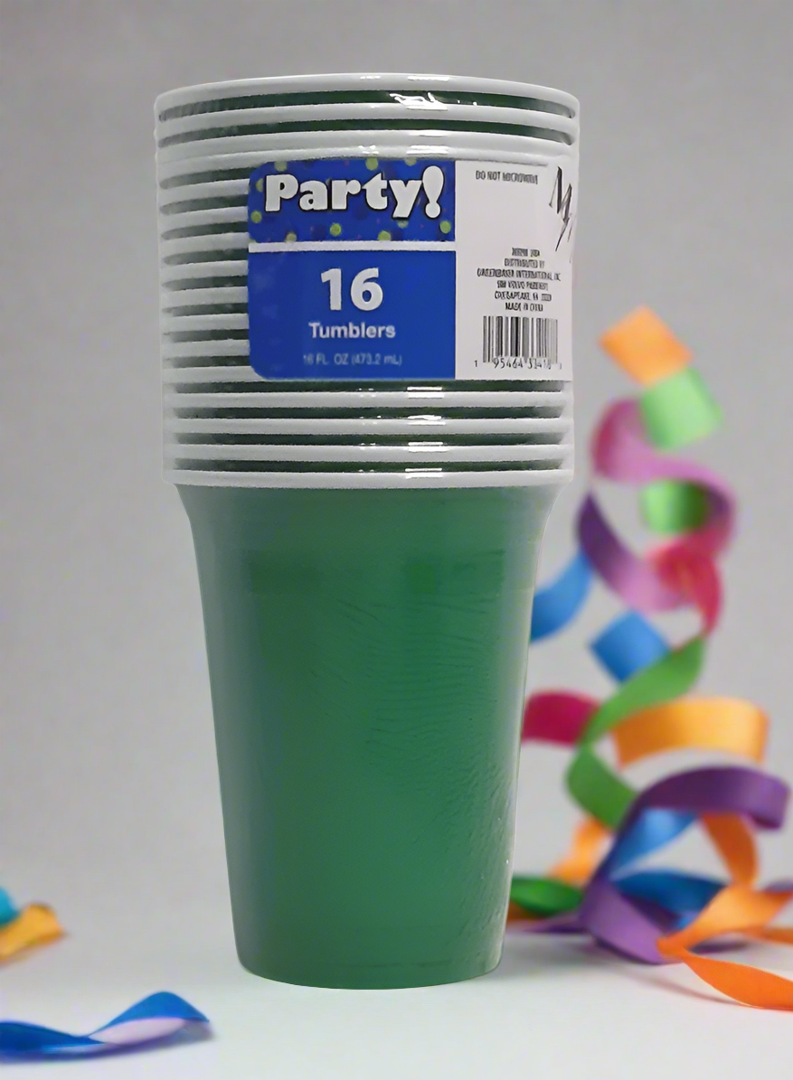 Green Party Cups, 16 oz. Cups, 16 Piece Plastic Party Cups, Disposable Drinking Cups for Party