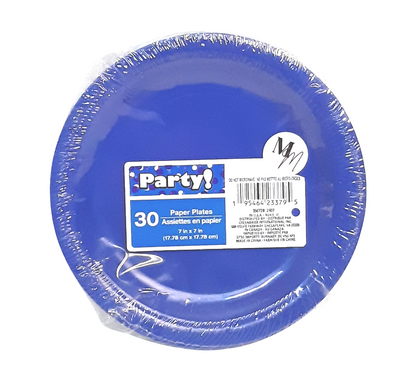 Blue Party Paper Plates, 7 Inch Round, Pack of 30 Disposable Party Plates, Cake Plates, Birthday Party Supplies