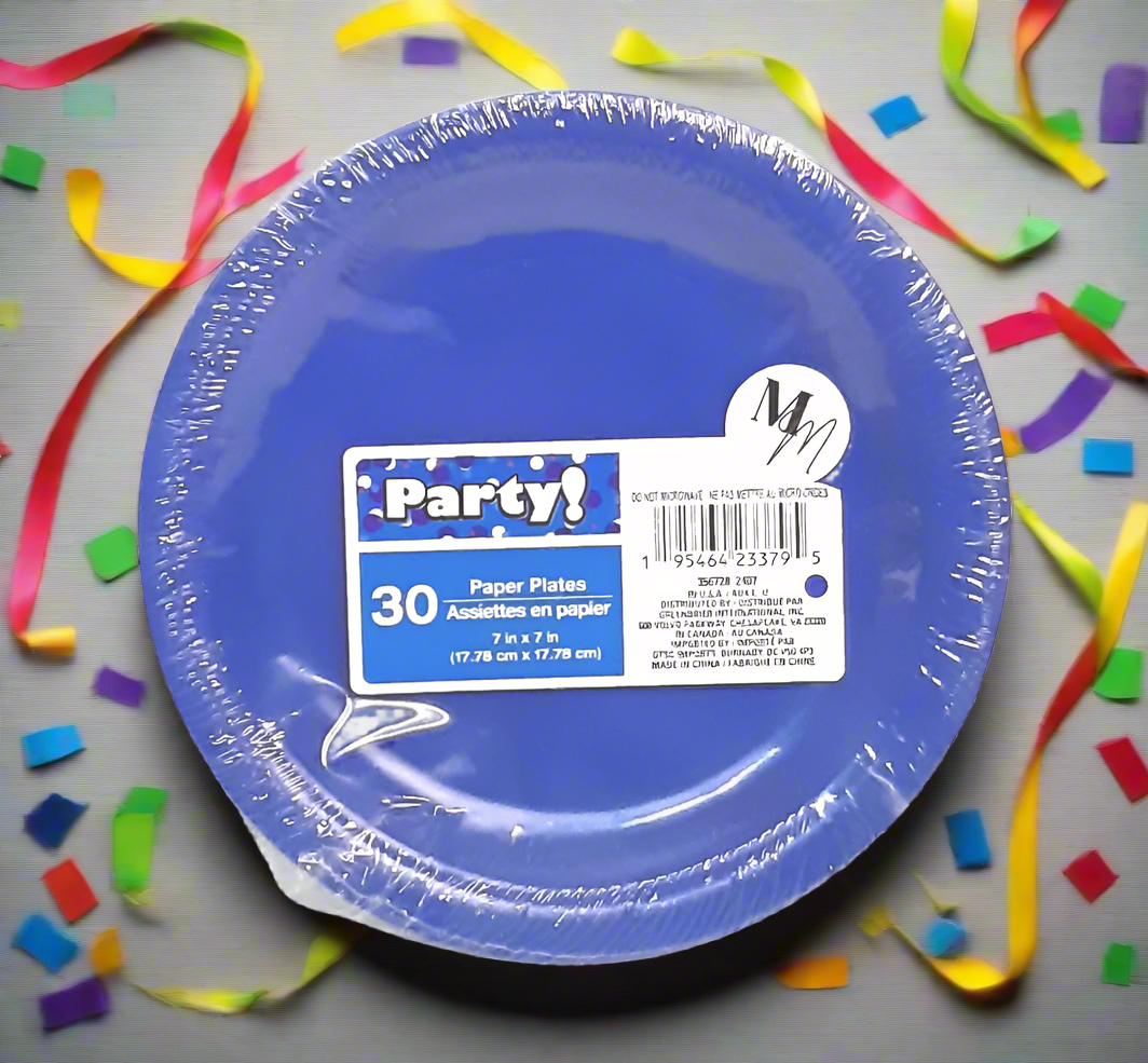 Blue Party Paper Plates, 7 Inch Round, Pack of 30 Disposable Party Plates, Cake Plates, Birthday Party Supplies