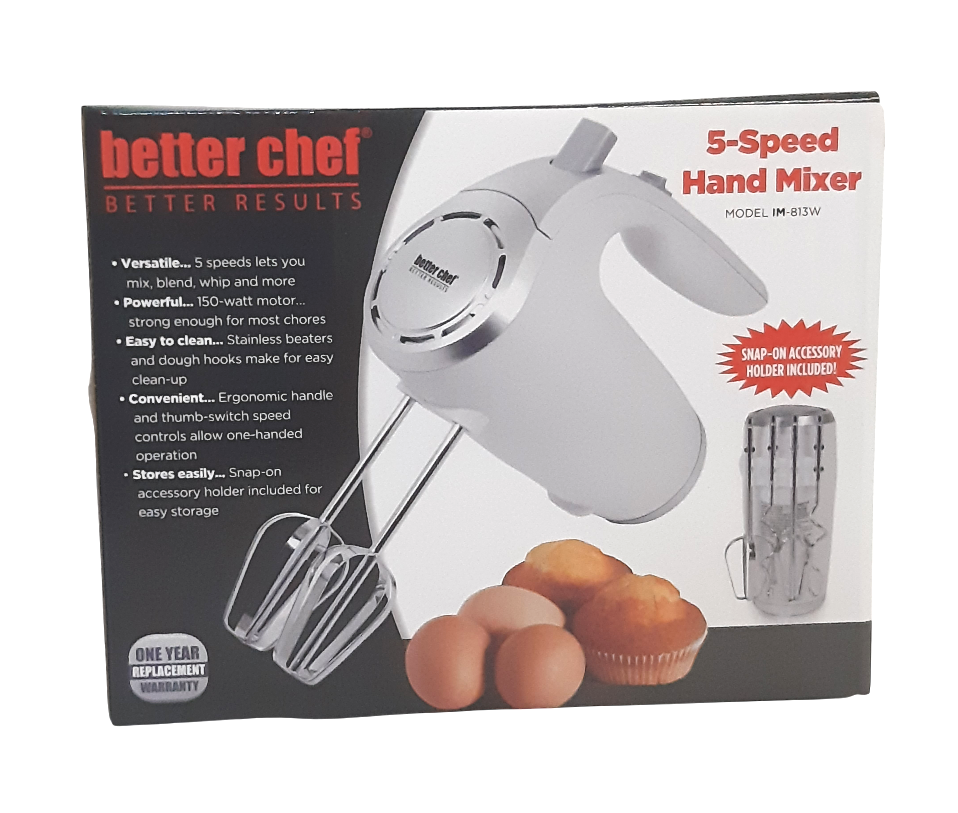 Better Chef Electric 5-Speed Hand Mixer, Stainless Beaters & Hooks, Extra Attachment Holder, Various Colors