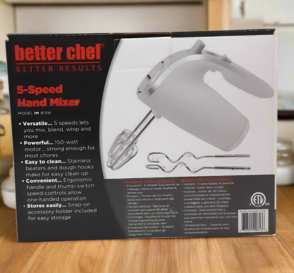 Better Chef Electric 5-Speed Hand Mixer, Stainless Beaters & Hooks, Extra Attachment Holder, Various Colors