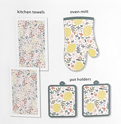 Mainstays 5-Piece Bright Lemons and Flowers Images, Kitchen Towel, Oven Mitt & 2 Potholders Set