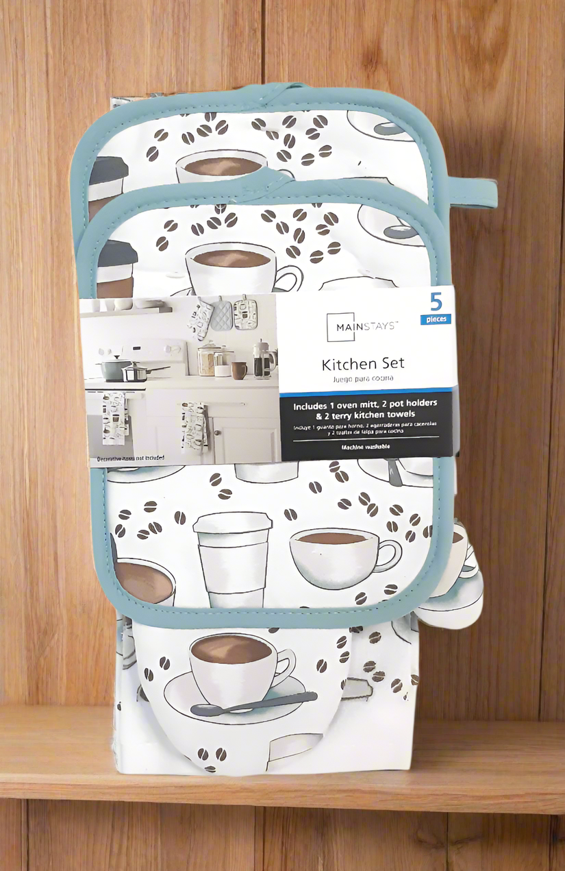 Mainstays 5-Piece Coffee Latte Images, Kitchen Towel, Oven Mitt & 2 Potholders Set