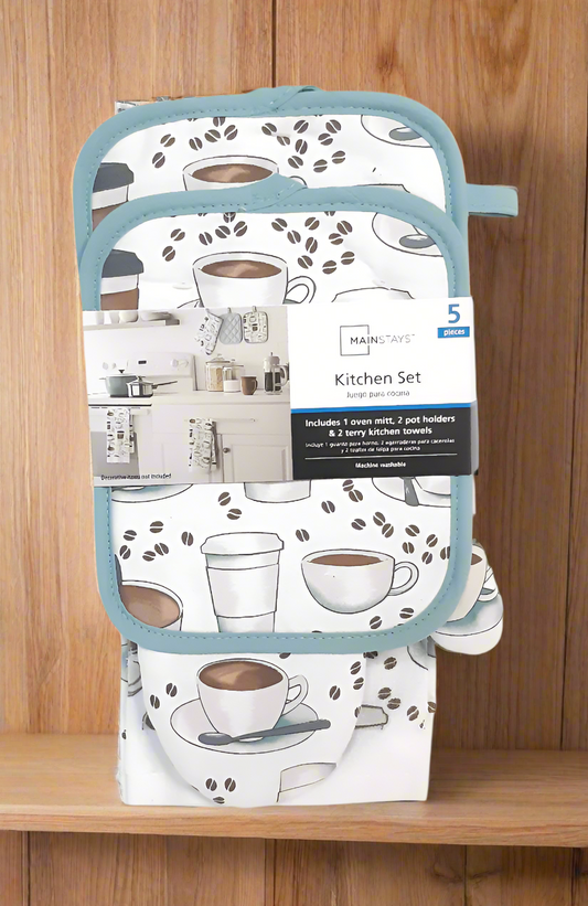 Mainstays 5-Piece Coffee Latte Images, Kitchen Towel, Oven Mitt & 2 Potholders Set