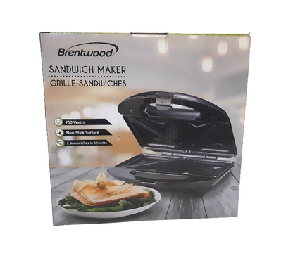 Brentwood Sandwich Maker with Locking Lid, Non-Stick, Black and Silver