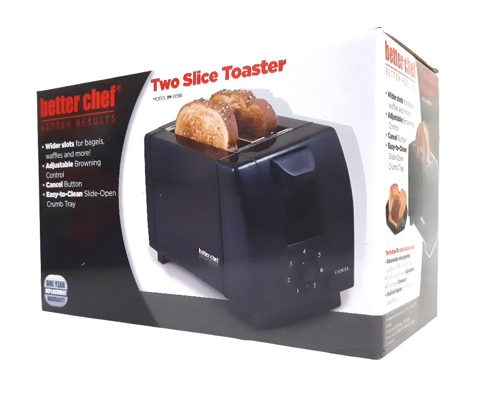 Better Chef 2-Slice Toaster, Adjustable Browning Control, Crumb Tray, Wide Opening for Bagels, Black Color