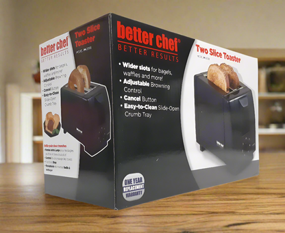 Better Chef 2-Slice Toaster, Adjustable Browning Control, Crumb Tray, Wide Opening for Bagels, Black Color