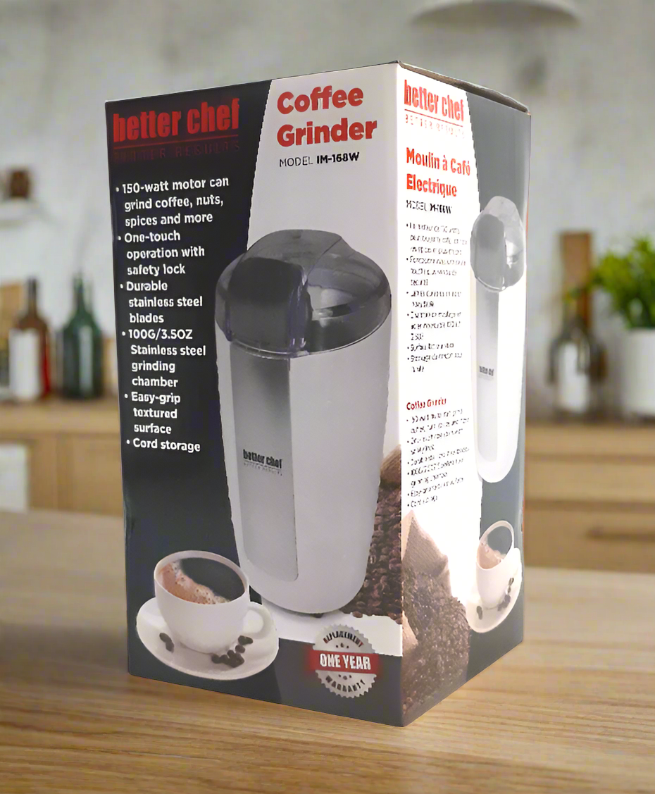 Better Chef Coffee Grinder, Stainless Blade and Chamber, One Touch Operation, Easy Grip Surface, Various Colors