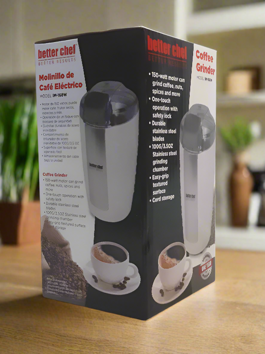 Better Chef Coffee Grinder, Stainless Blade and Chamber, One Touch Operation, Easy Grip Surface, Various Colors