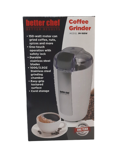 Better Chef Coffee Grinder, Stainless Blade and Chamber, One Touch Operation, Easy Grip Surface, Various Colors