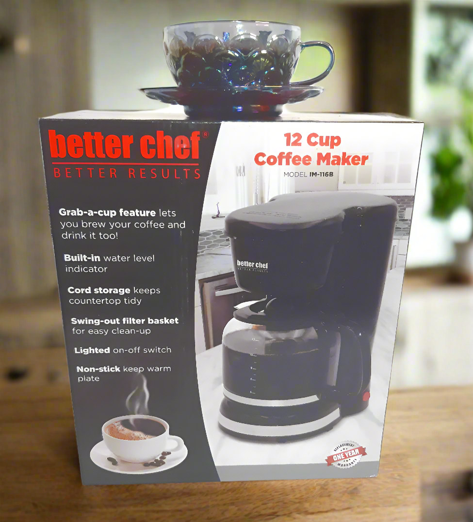 Better Chef Basic Coffee Maker 12-Cup, Sneak a Cup, Brushed Metal Trim, Hidden Cord Storage, Automatic Shutoff