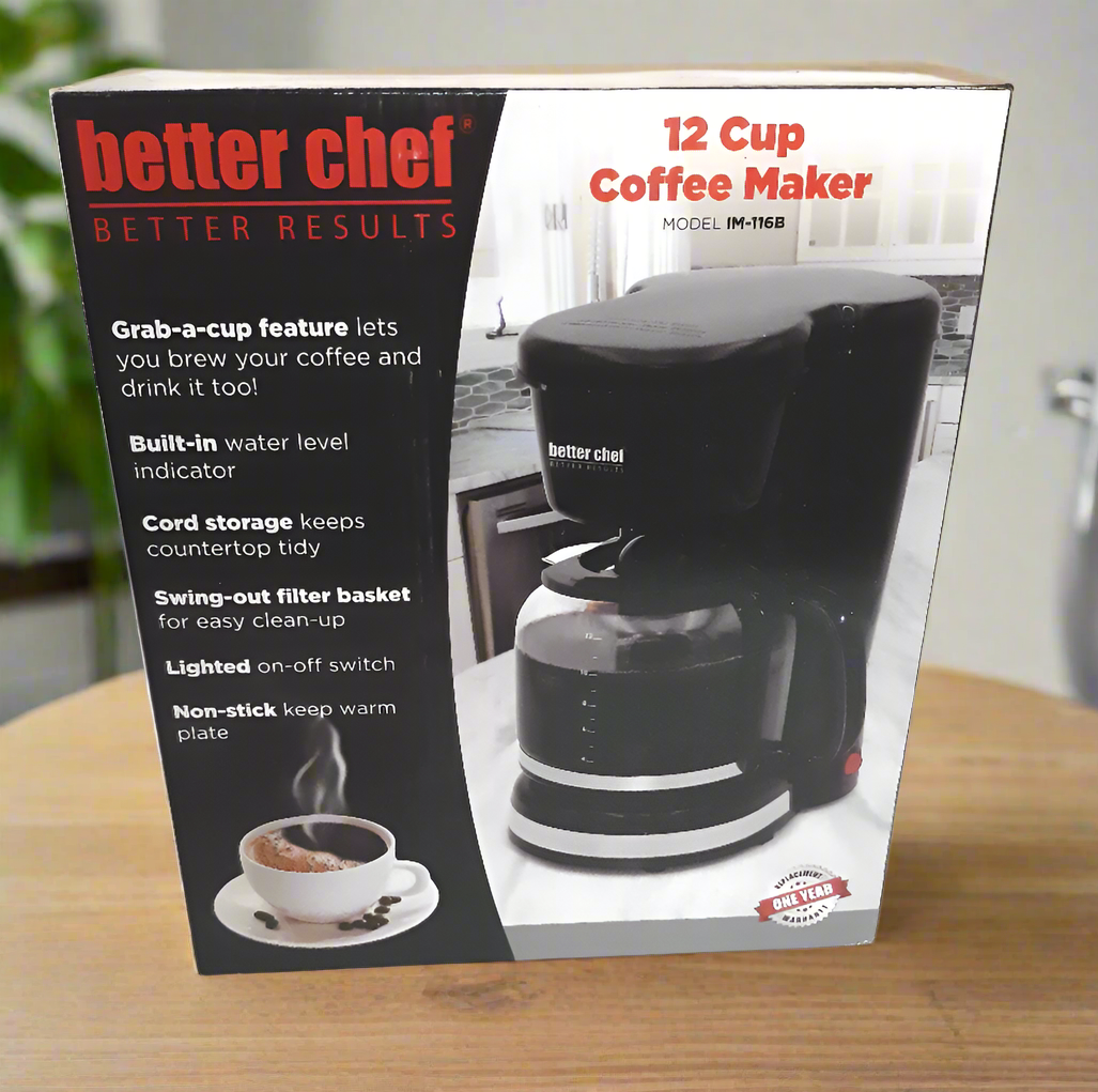 Better Chef Basic Coffee Maker 12-Cup, Sneak a Cup, Brushed Metal Trim, Hidden Cord Storage, Automatic Shutoff